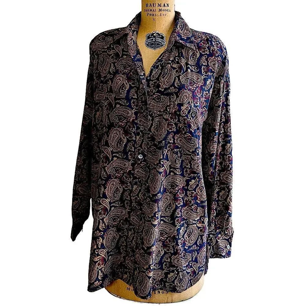 DKNY 90’s Tan, Red and Blue Paisley Silk Button down oversized shirt size medium